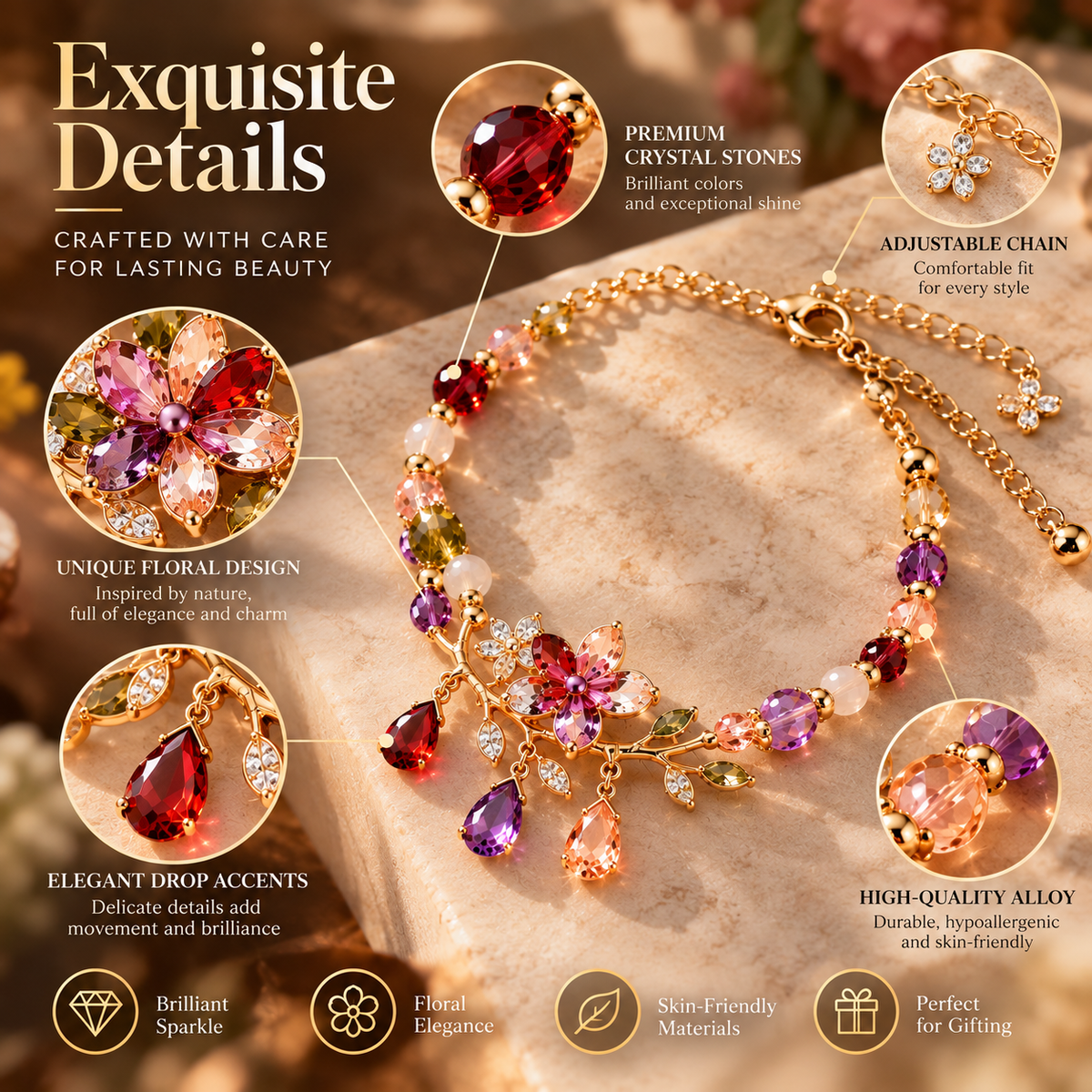 Floral Crystal Bracelet – Elegant Flower Charm Bracelet with Colorful Gemstone Details