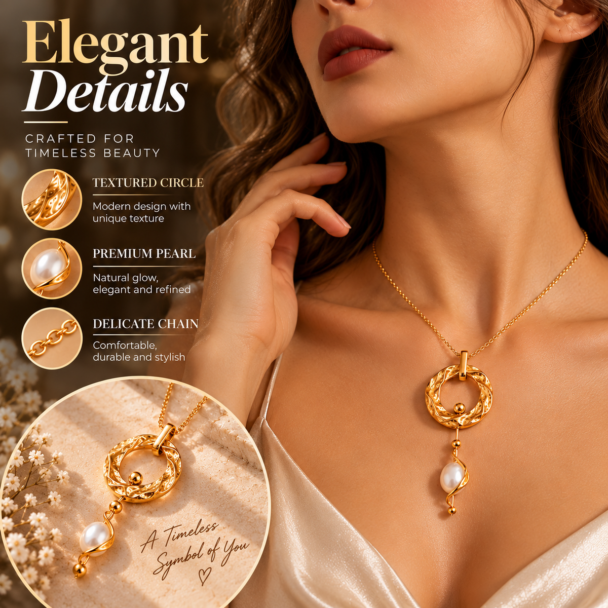 Textured Circle Pearl Necklace – Elegant Gold Necklace with Pearl Pendant Detail