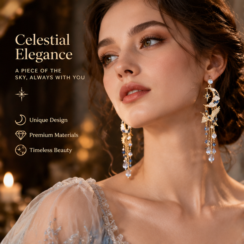 Moon Hummingbird Earrings – Elegant Crescent Moon Drop Earrings with Crystal Details