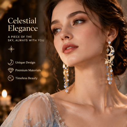 Moon Hummingbird Earrings – Elegant Crescent Moon Drop Earrings with Crystal Details