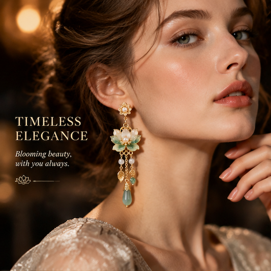 Lotus Flower Jade Earrings – Elegant Floral Drop Earrings with Pearl and Gemstone Details