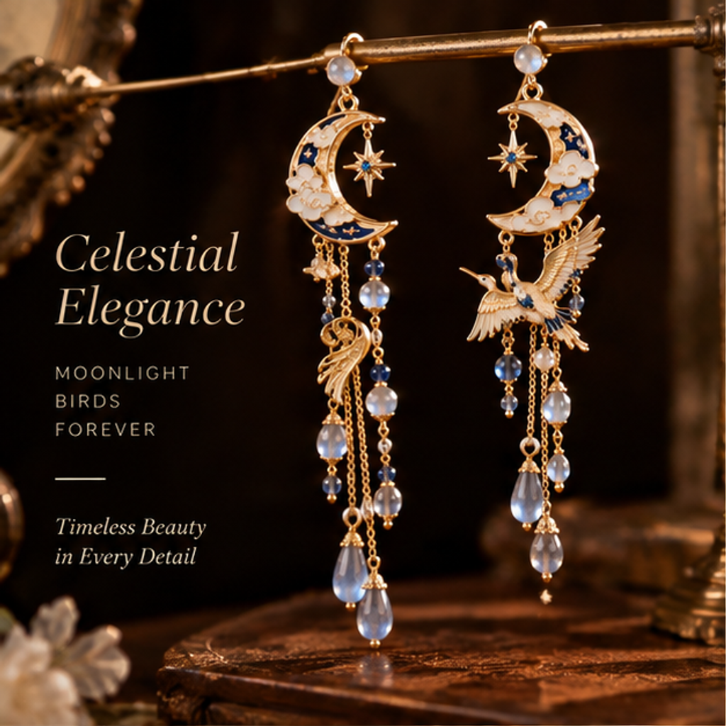 Moon Hummingbird Earrings – Elegant Crescent Moon Drop Earrings with Crystal Details