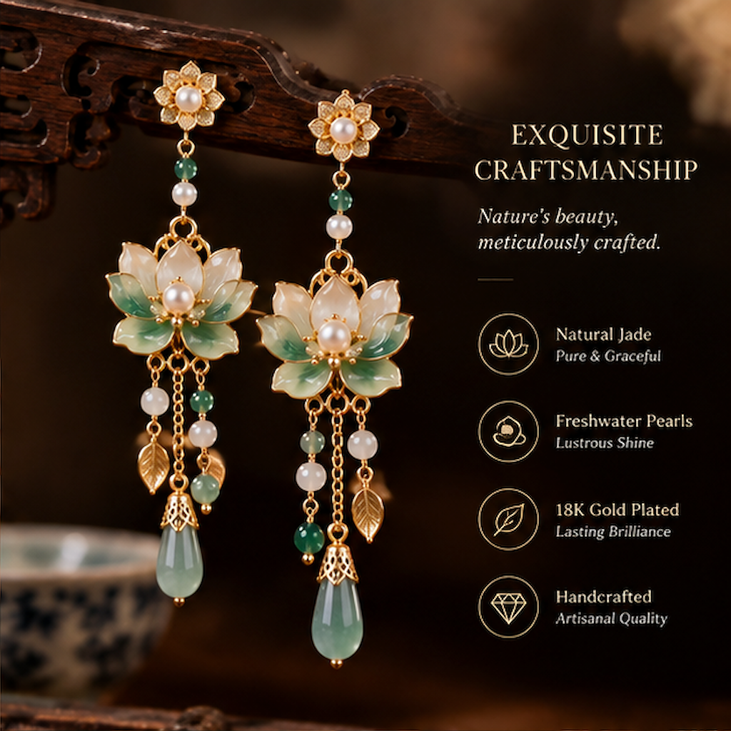 Lotus Flower Jade Earrings – Elegant Floral Drop Earrings with Pearl and Gemstone Details