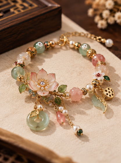 Floral Jade Bracelet – Elegant Flower Charm Bracelet with Natural Gemstone Details