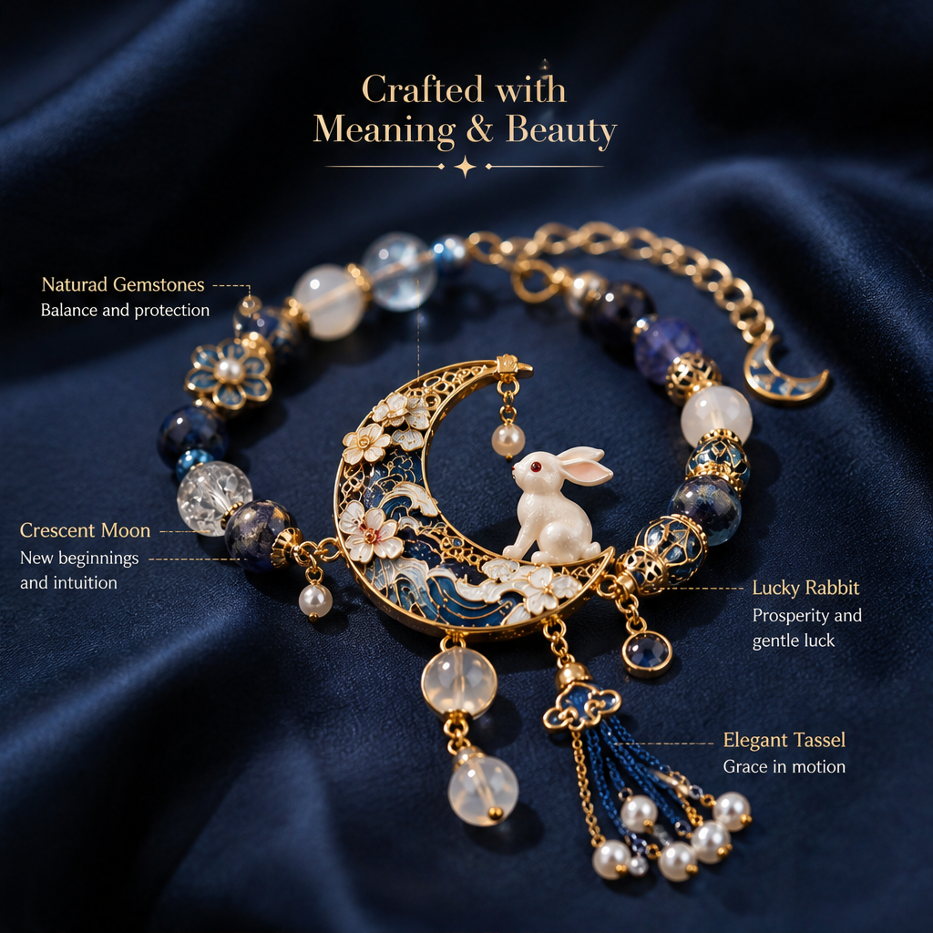 Moon Rabbit Charm Bracelet – Elegant Crescent Moon Bracelet with Gemstone Beads