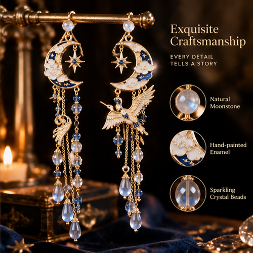 Moon Hummingbird Earrings – Elegant Crescent Moon Drop Earrings with Crystal Details