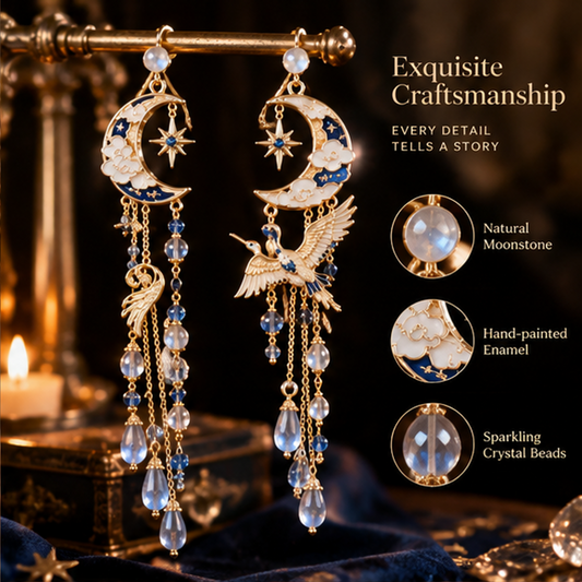 Moon Hummingbird Earrings – Elegant Crescent Moon Drop Earrings with Crystal Details
