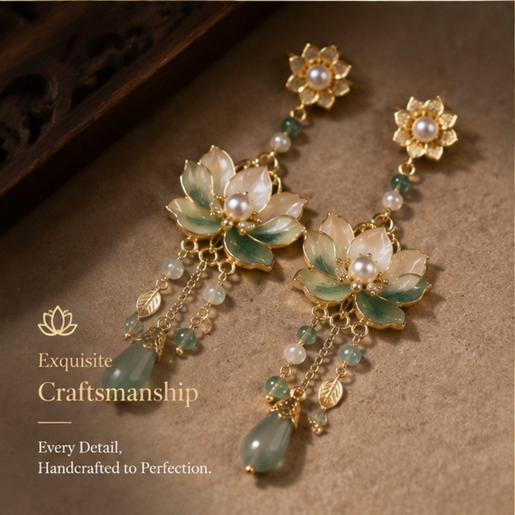 Lotus Flower Jade Earrings – Elegant Floral Drop Earrings with Pearl and Gemstone Details