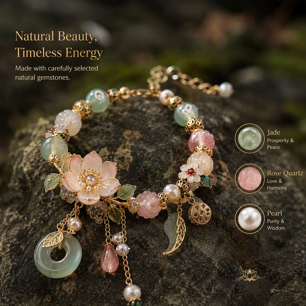 Floral Jade Bracelet – Elegant Flower Charm Bracelet with Natural Gemstone Details