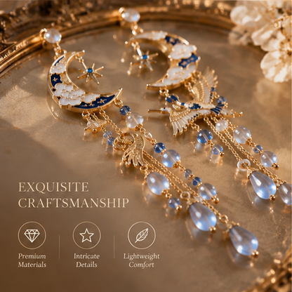 Moon Hummingbird Earrings – Elegant Crescent Moon Drop Earrings with Crystal Details