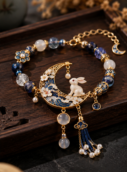 Moon Rabbit Charm Bracelet – Elegant Crescent Moon Bracelet with Gemstone Beads