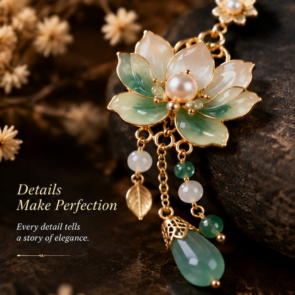 Lotus Flower Jade Earrings – Elegant Floral Drop Earrings with Pearl and Gemstone Details