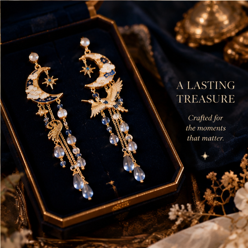 Moon Hummingbird Earrings – Elegant Crescent Moon Drop Earrings with Crystal Details