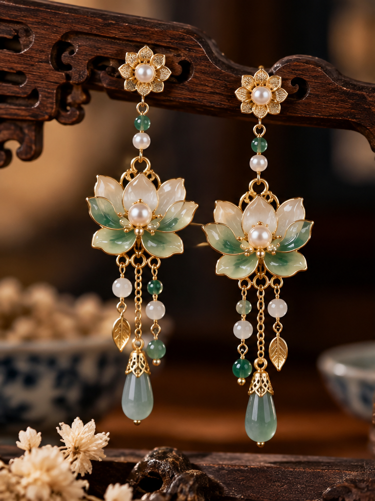 Lotus Flower Jade Earrings – Elegant Floral Drop Earrings with Pearl and Gemstone Details