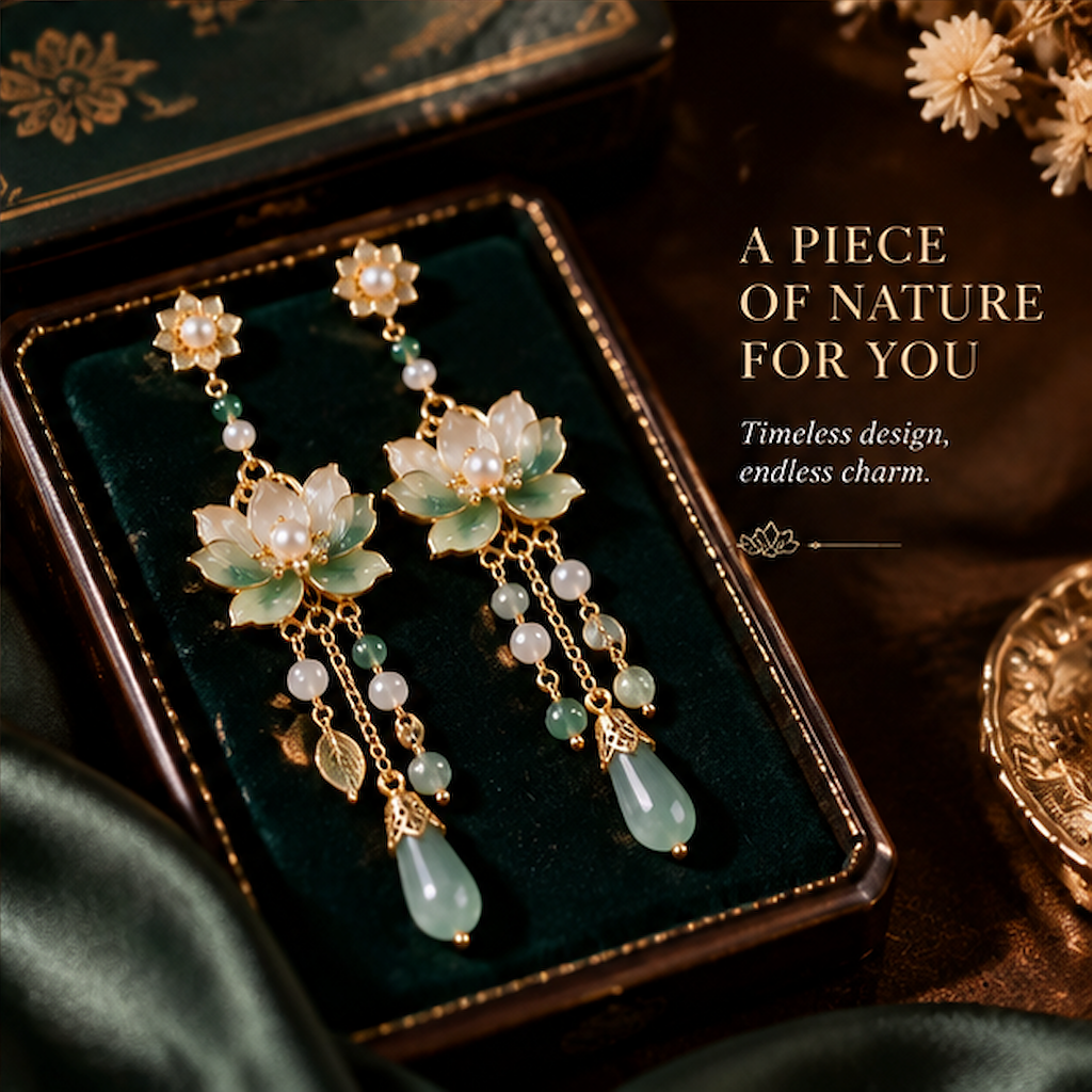 Lotus Flower Jade Earrings – Elegant Floral Drop Earrings with Pearl and Gemstone Details