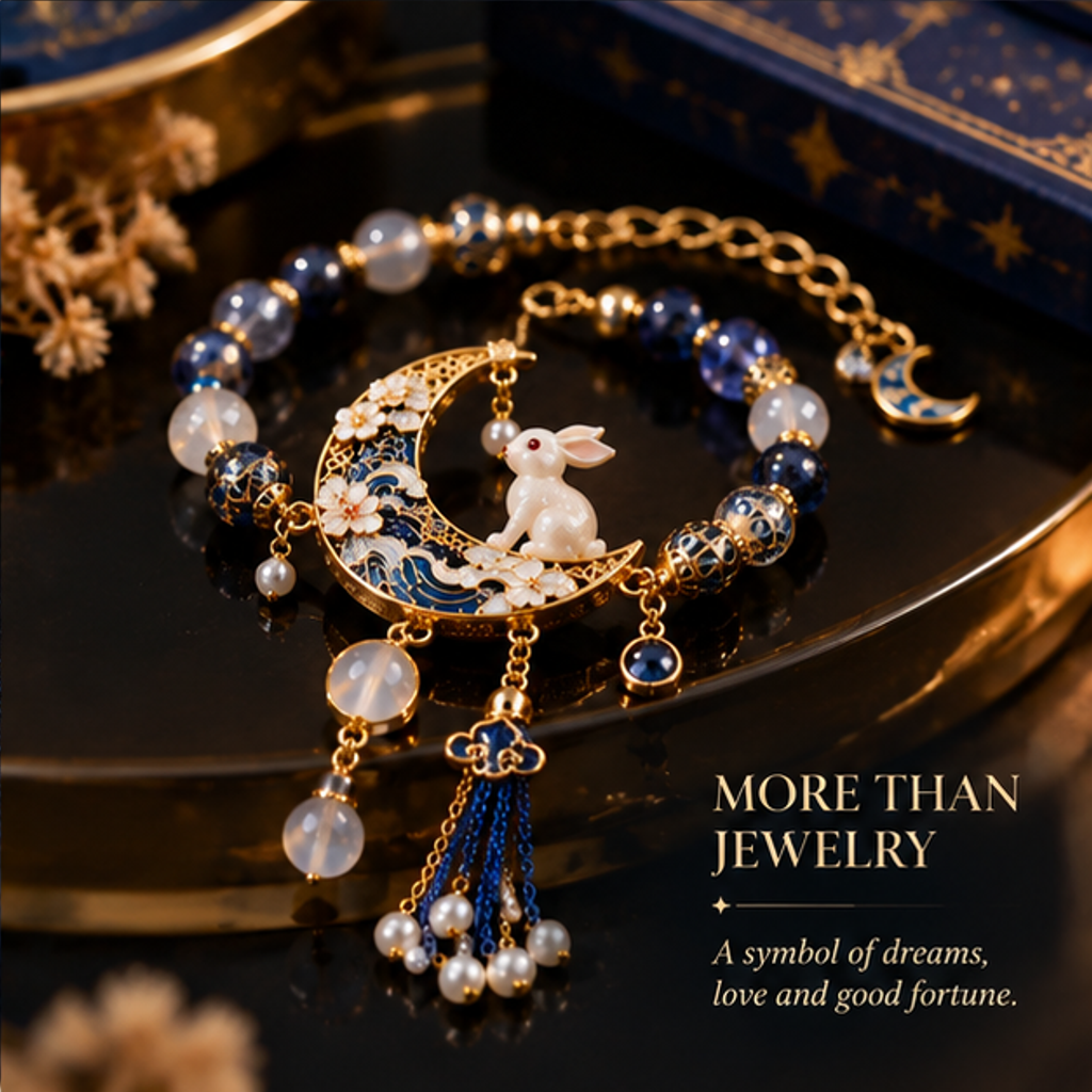 Moon Rabbit Charm Bracelet – Elegant Crescent Moon Bracelet with Gemstone Beads