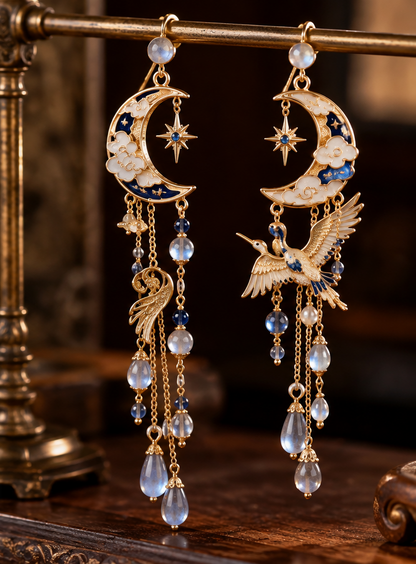Moon Hummingbird Earrings – Elegant Crescent Moon Drop Earrings with Crystal Details