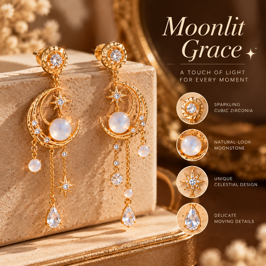 Moonlit Grace Earrings – Crescent Moon Drop Earrings with Moonstone and Crystal Details
