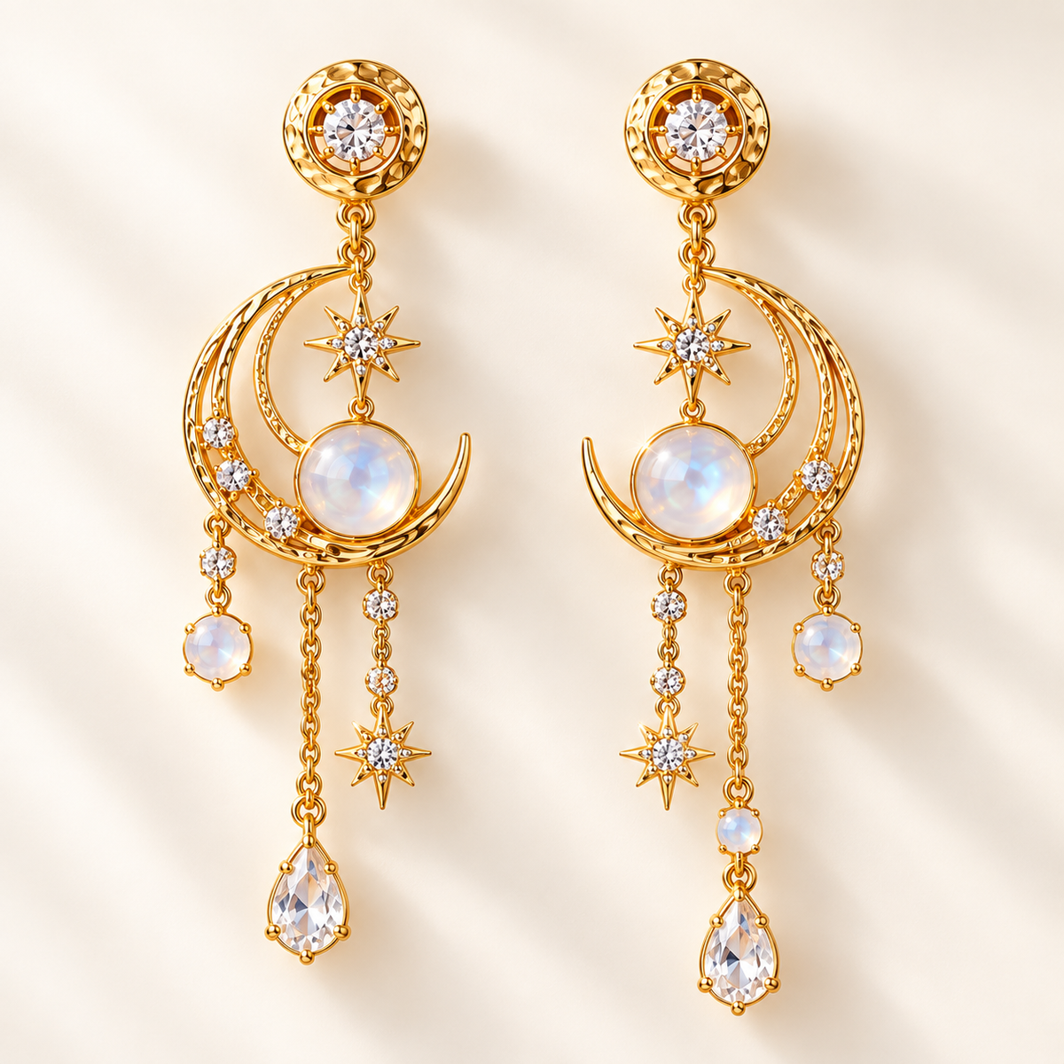 Moonlit Grace Earrings – Crescent Moon Drop Earrings with Moonstone and Crystal Details