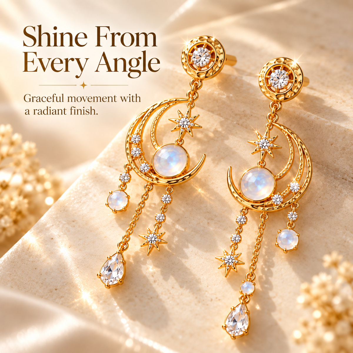 Moonlit Grace Earrings – Crescent Moon Drop Earrings with Moonstone and Crystal Details