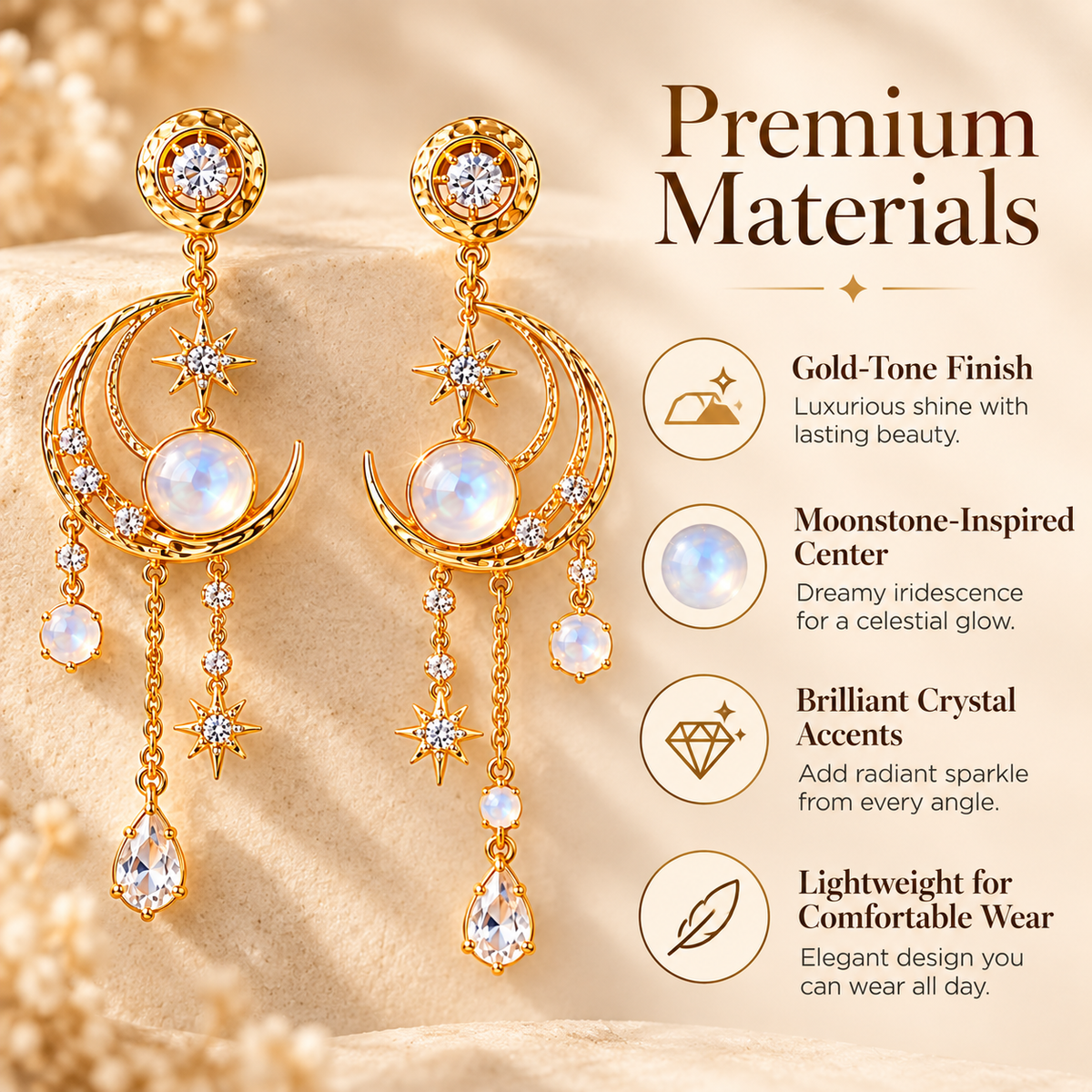 Moonlit Grace Earrings – Crescent Moon Drop Earrings with Moonstone and Crystal Details