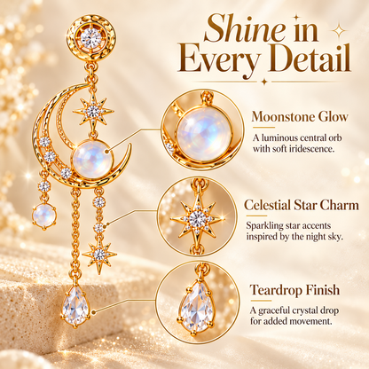 Moonlit Grace Earrings – Crescent Moon Drop Earrings with Moonstone and Crystal Details