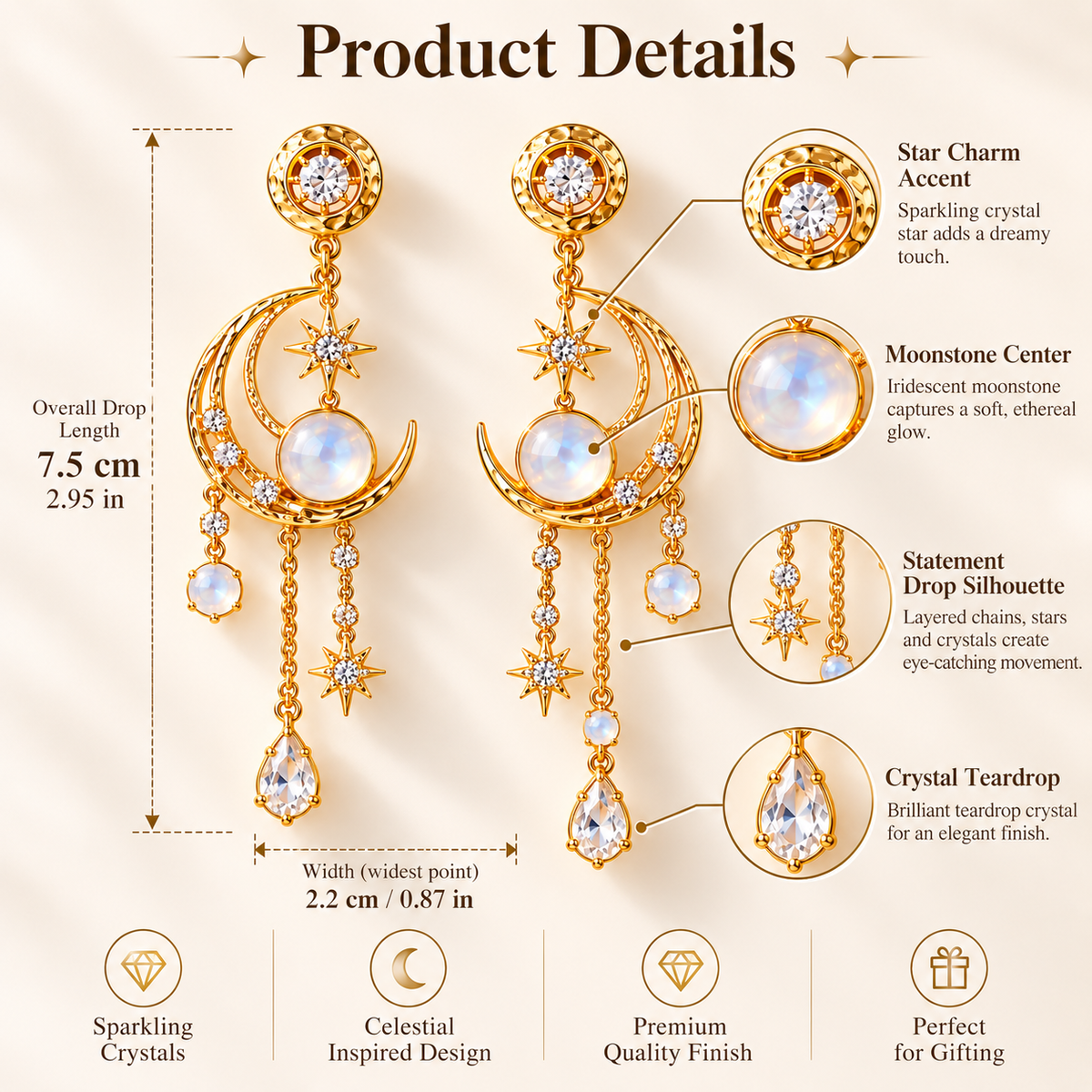 Moonlit Grace Earrings – Crescent Moon Drop Earrings with Moonstone and Crystal Details