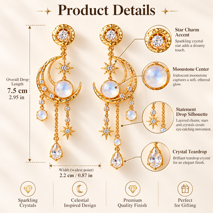 Moonlit Grace Earrings – Crescent Moon Drop Earrings with Moonstone and Crystal Details