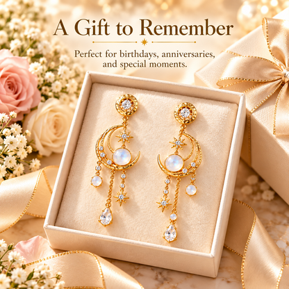 Moonlit Grace Earrings – Crescent Moon Drop Earrings with Moonstone and Crystal Details