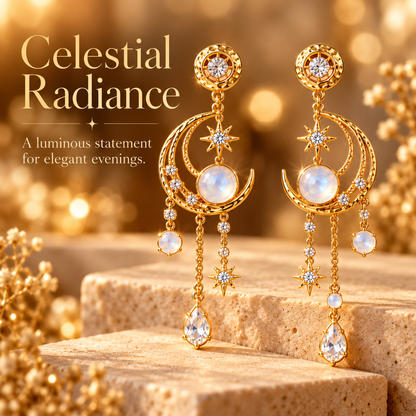 Moonlit Grace Earrings – Crescent Moon Drop Earrings with Moonstone and Crystal Details