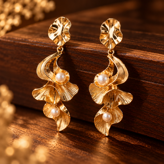 Gold Pearl Flower Drop Earrings – Elegant Statement Earrings with Sculpted Petal Design