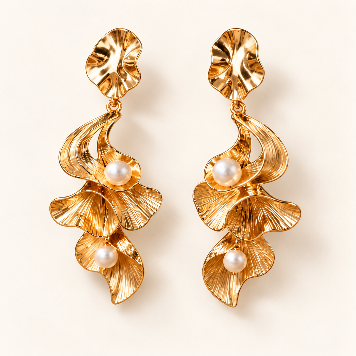 Gold Pearl Flower Drop Earrings – Elegant Statement Earrings with Sculpted Petal Design