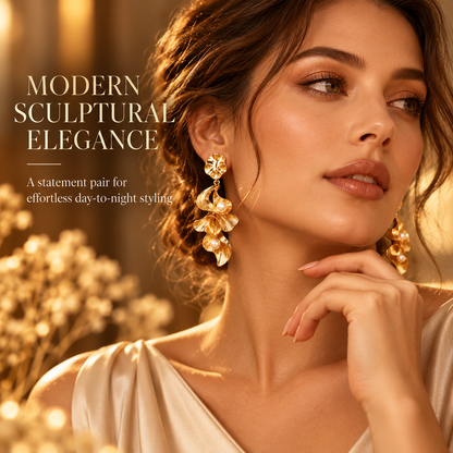 Gold Pearl Flower Drop Earrings – Elegant Statement Earrings with Sculpted Petal Design