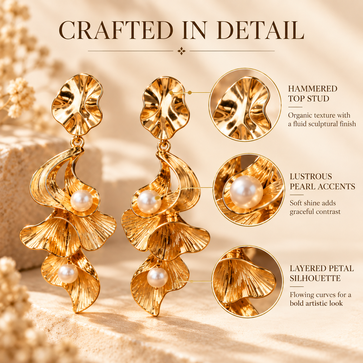 Gold Pearl Flower Drop Earrings – Elegant Statement Earrings with Sculpted Petal Design