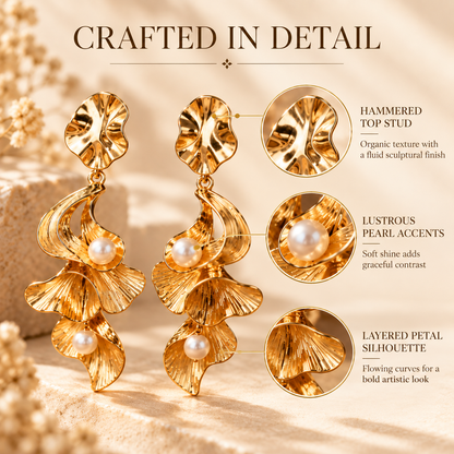 Gold Pearl Flower Drop Earrings – Elegant Statement Earrings with Sculpted Petal Design