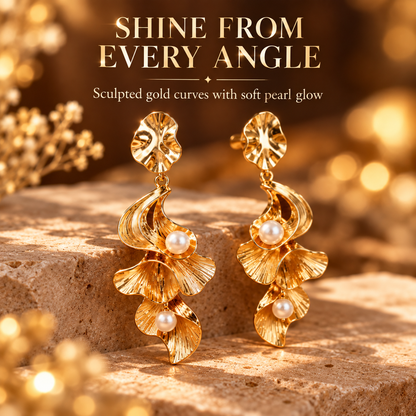 Gold Pearl Flower Drop Earrings – Elegant Statement Earrings with Sculpted Petal Design