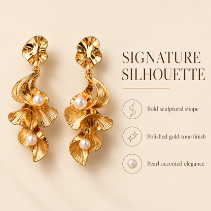 Gold Pearl Flower Drop Earrings – Elegant Statement Earrings with Sculpted Petal Design
