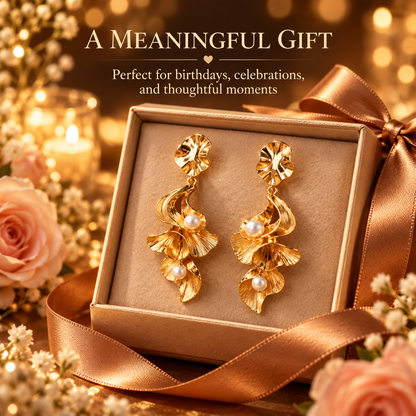 Gold Pearl Flower Drop Earrings – Elegant Statement Earrings with Sculpted Petal Design