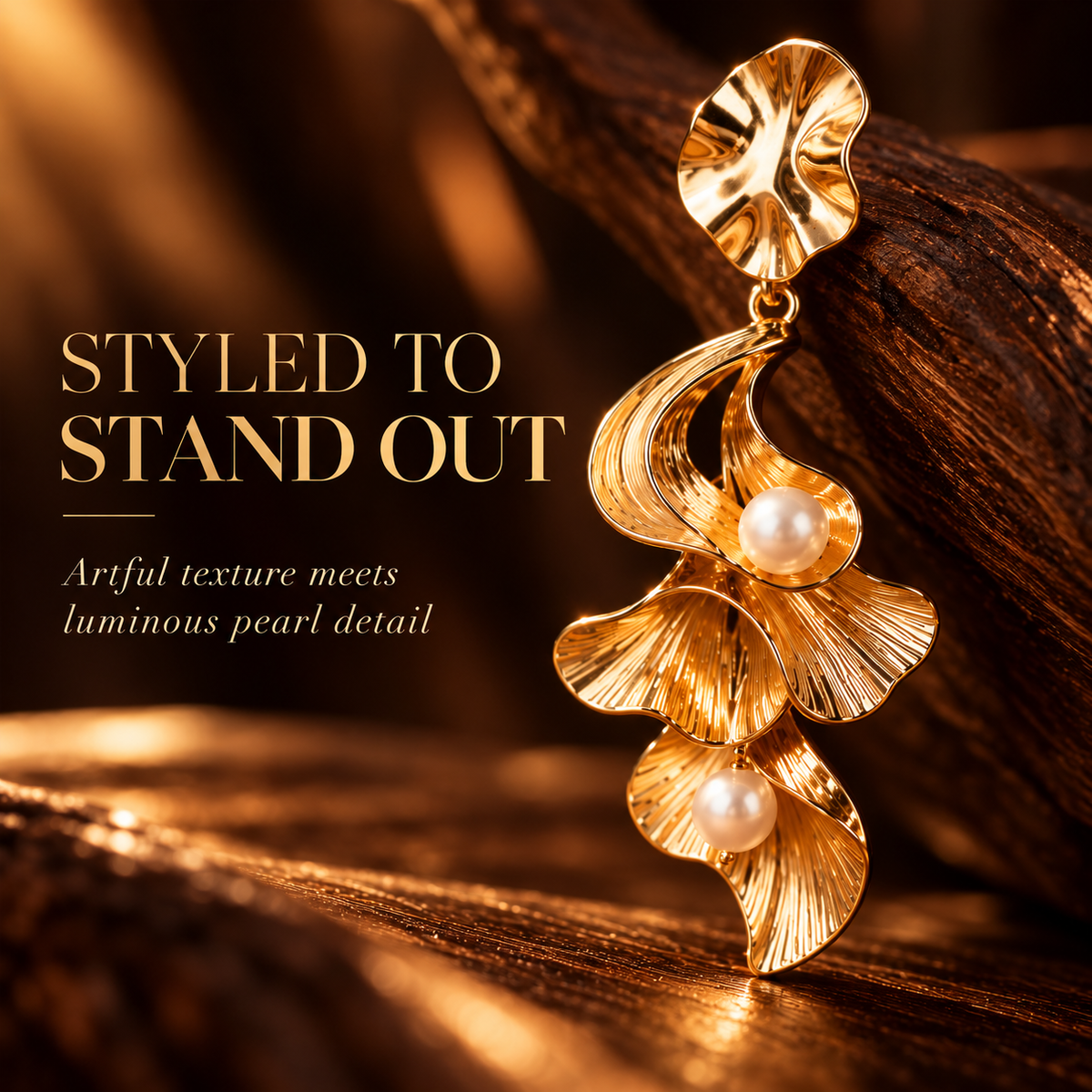 Gold Pearl Flower Drop Earrings – Elegant Statement Earrings with Sculpted Petal Design