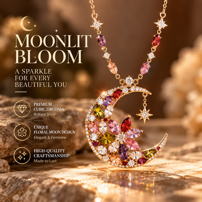 Moonlit Bloom Crescent Necklace – Floral Moon Pendant Necklace with Colorful Crystal Details