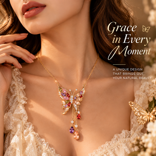 Butterfly Crystal Necklace – Elegant Butterfly Pendant Necklace with Colorful Gemstone Details