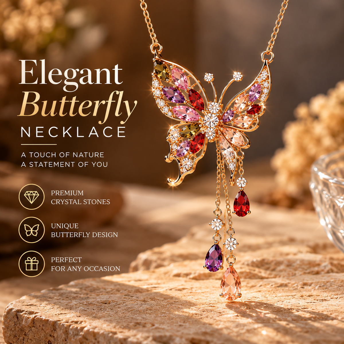 Butterfly Crystal Necklace – Elegant Butterfly Pendant Necklace with Colorful Gemstone Details