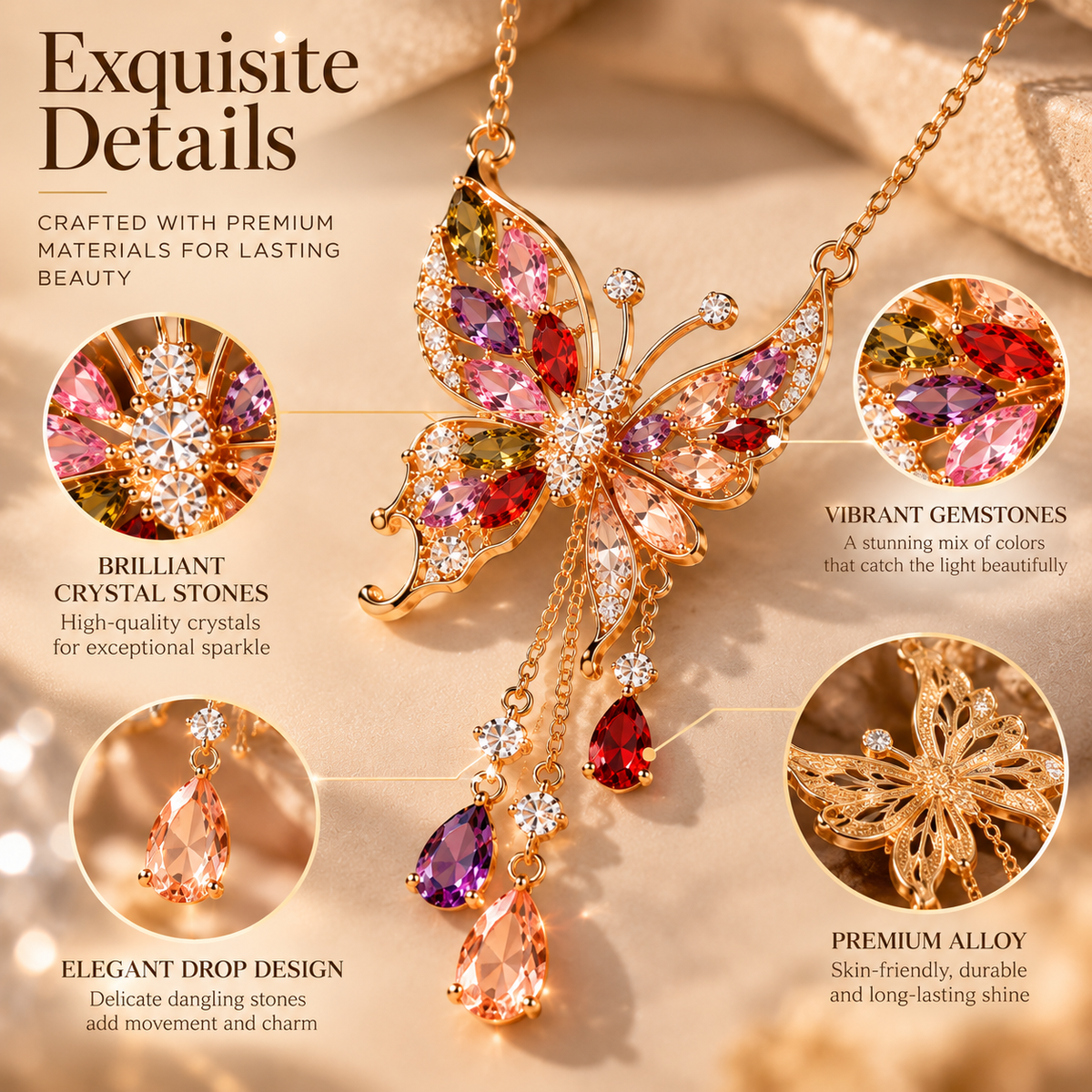 Butterfly Crystal Necklace – Elegant Butterfly Pendant Necklace with Colorful Gemstone Details
