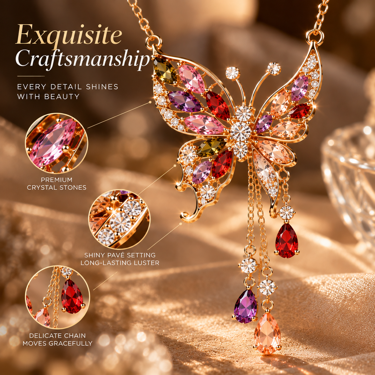 Butterfly Crystal Necklace – Elegant Butterfly Pendant Necklace with Colorful Gemstone Details