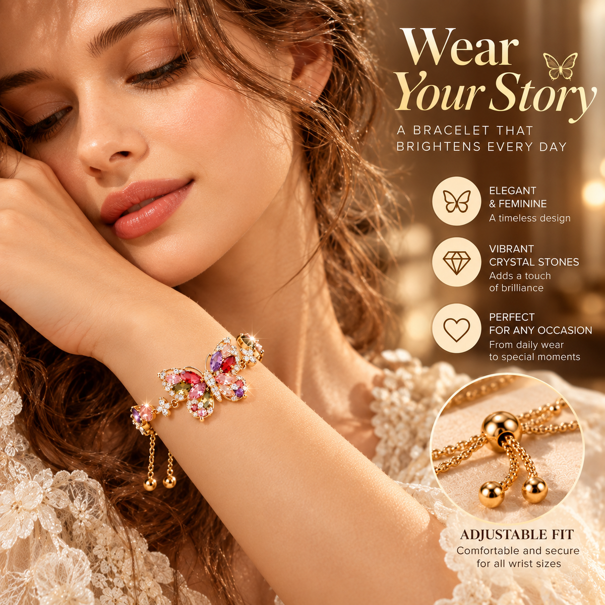 Butterfly Crystal Bracelet – Elegant Butterfly Charm Bracelet with Colorful Gemstone Details