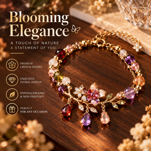 Floral Crystal Bracelet – Elegant Flower Charm Bracelet with Colorful Gemstone Details