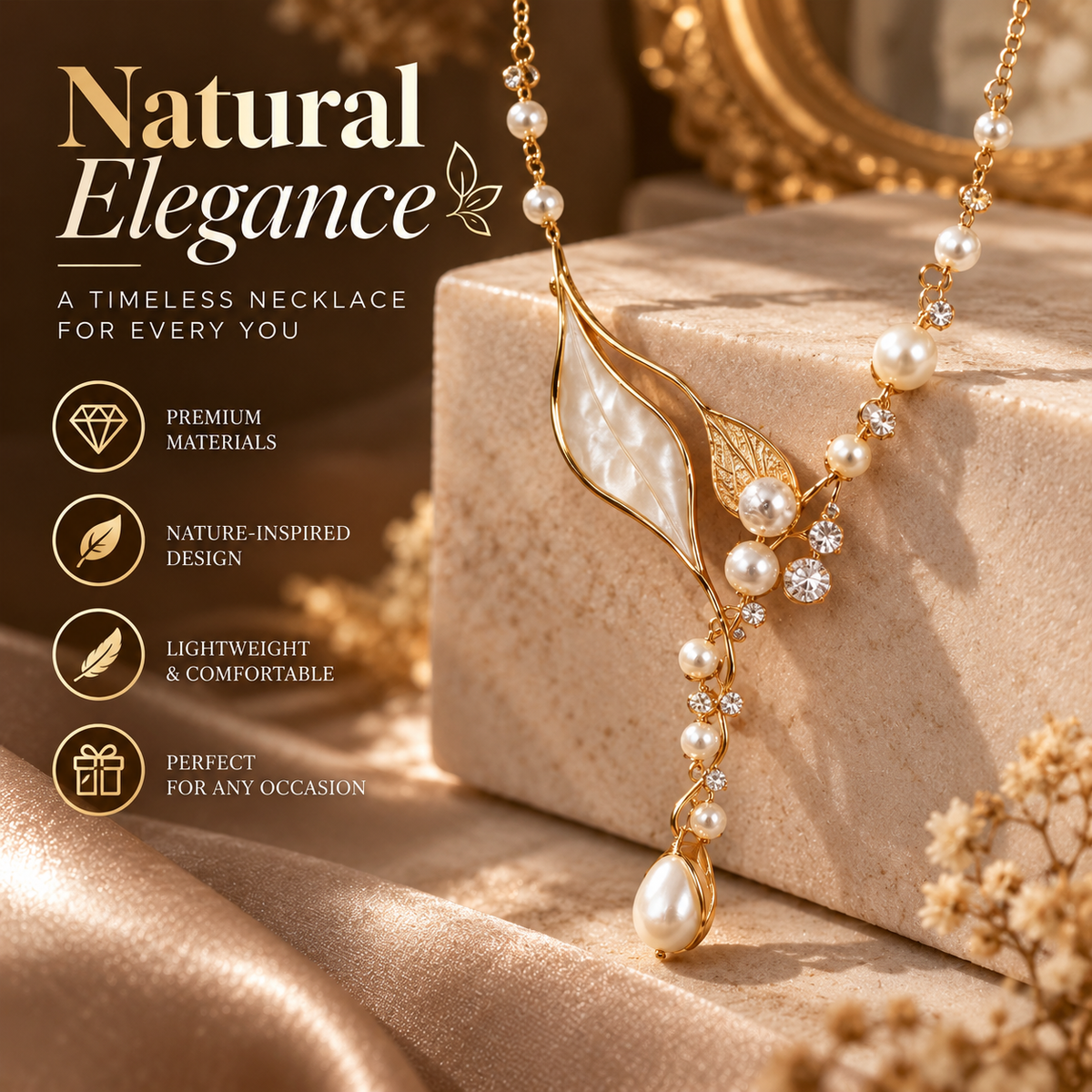 Pearl Leaf Necklace – Elegant Nature-Inspired Necklace with Crystal and Pearl Details