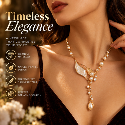 Pearl Leaf Necklace – Elegant Nature-Inspired Necklace with Crystal and Pearl Details