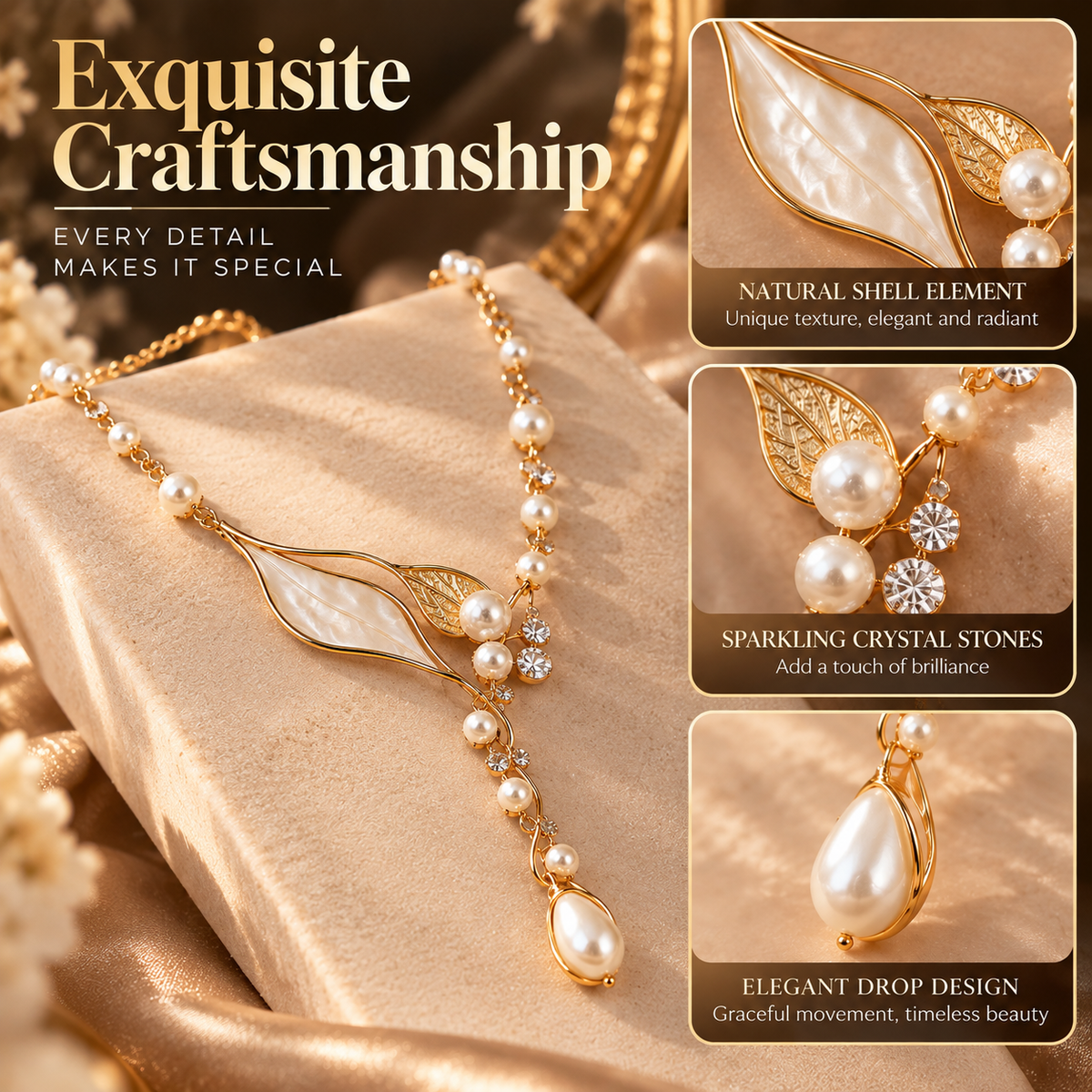 Pearl Leaf Necklace – Elegant Nature-Inspired Necklace with Crystal and Pearl Details