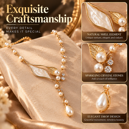Pearl Leaf Necklace – Elegant Nature-Inspired Necklace with Crystal and Pearl Details